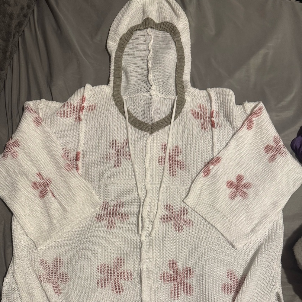 Source Unknown Floral Knit Cardigan - White and Pink